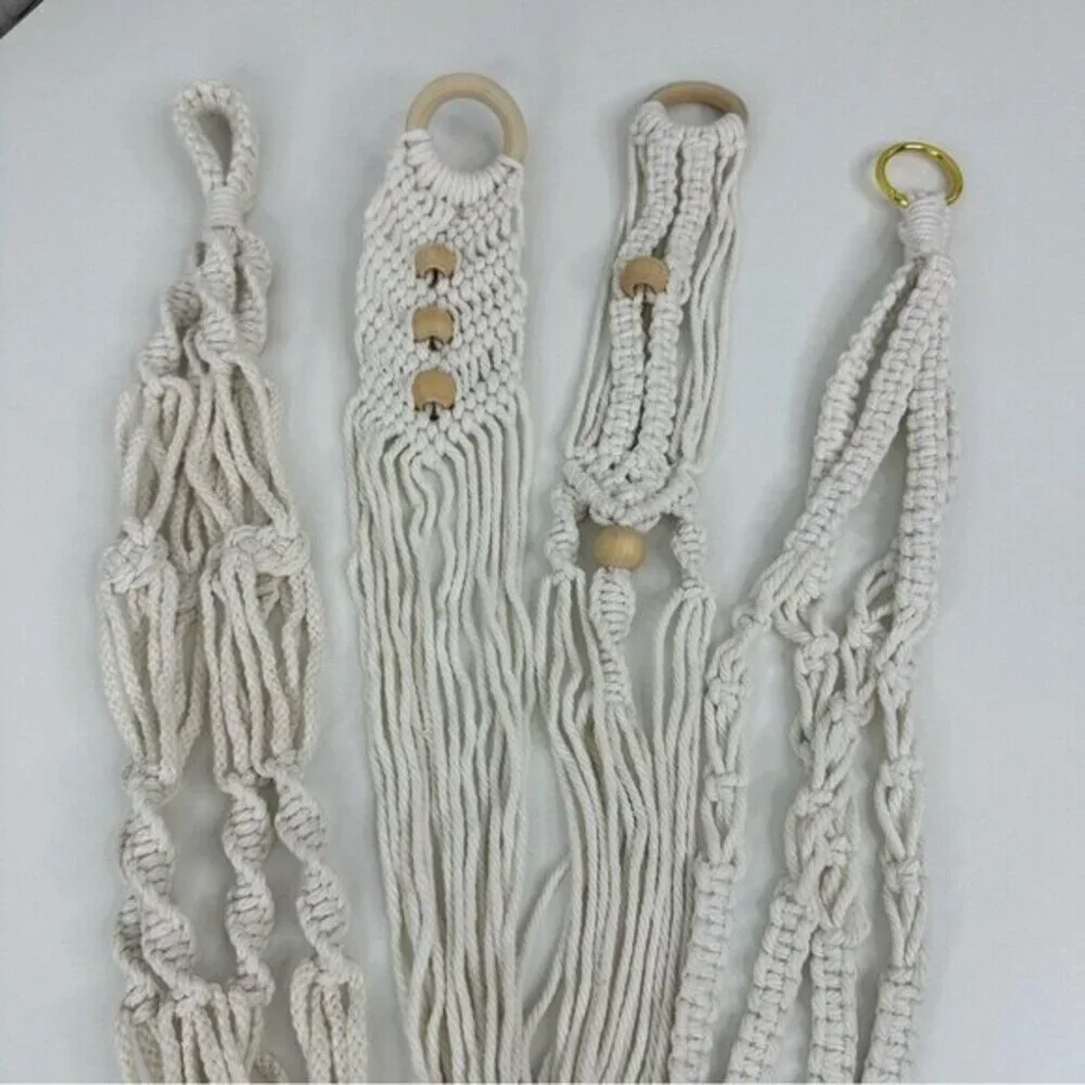 Lot of 4 Macrame Plant Hangers‎ Off White Cotton Boho Beaded Indoor Outdoor NEW